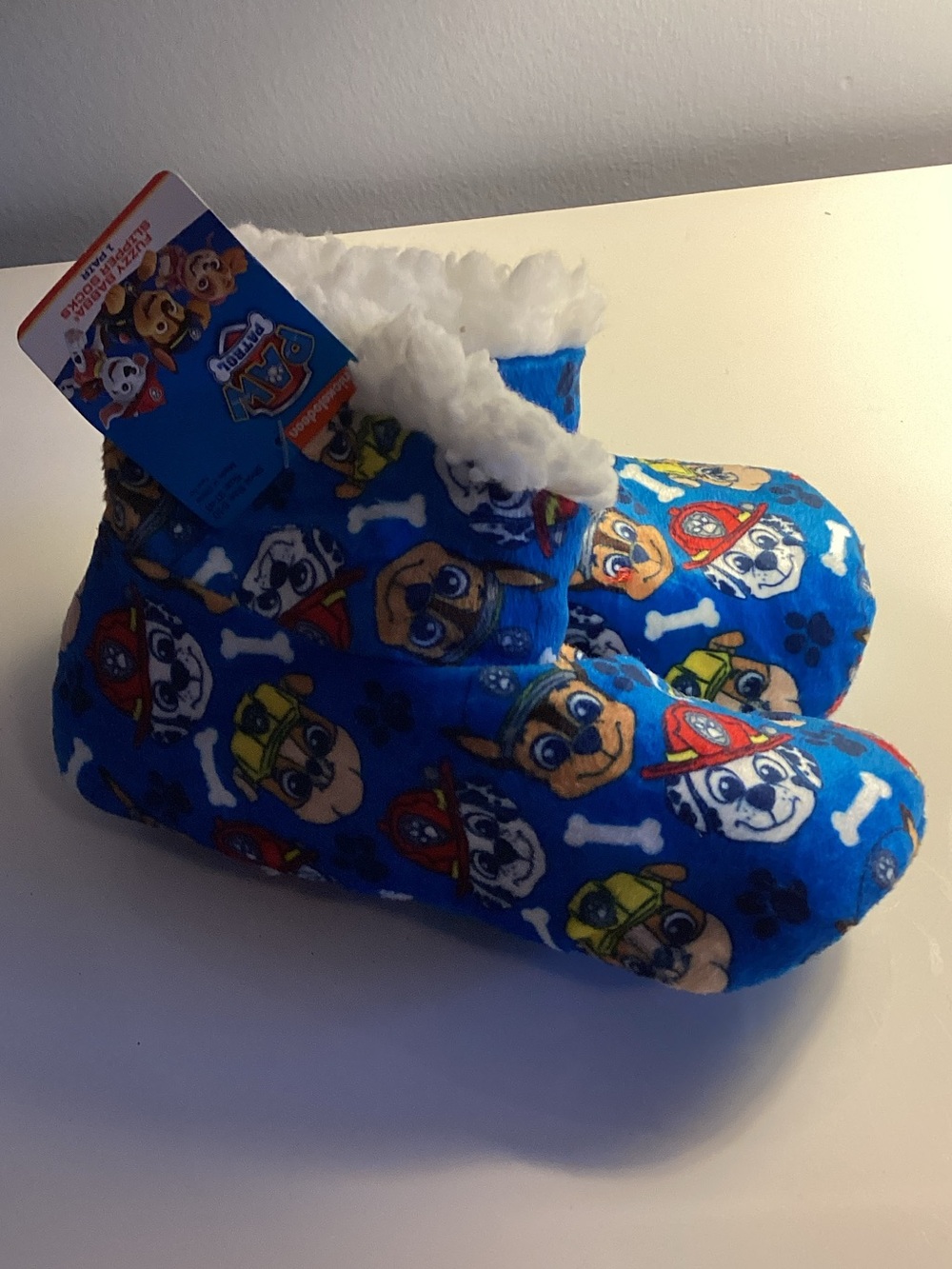 Paw Patrol Blue Plush Kids One-Piece Footie Slippers with White Faux-Fur Cuff